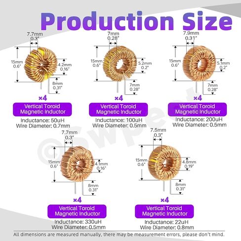 Swpeet 20Pcs 5 Sizes 22UH-10A 50UH-5A 100UH-6A 220UH-5A 330UH-3A Toroid Magnetic Core Inductor Copper Wire Wind Wound Assortment Kit, Inductance Coil Perfect for Transformers DIY Circuit Board in Saudi Arabia