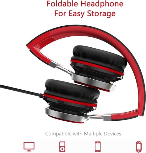 ELECDER i39 Headphones with Microphone Foldable Lightweight Adjustable On Ear Headsets with 3.5mm Jack for Cellphones Computer MP3/4 Kindle School Red/Black in Kuwait