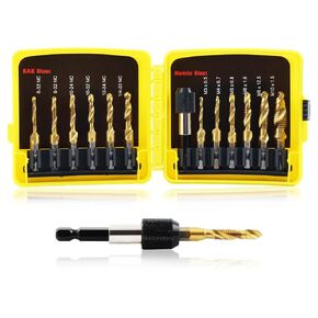 Combination Drill and Tap Bit Set,Titanium Coated Tapping Bit Tool 6pcs SAE Screw tap Drill bit for Drilling Tapping, Countersinking on Electric Drill or Tapping Machine