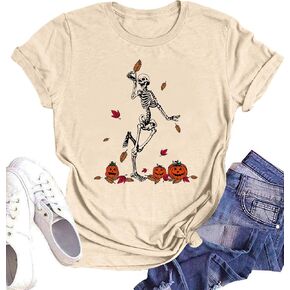 Dancing Skeleton Shirt for Women Happy Halloween T-Shirt Fall Skull Graphic Tees Tops Blouse Gift