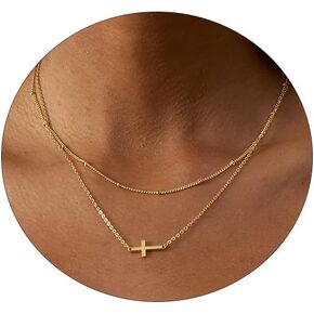 Cross Necklace for Women 14K Gold Plated Sideways Cross Necklace Set Dainty Simple Silver Cross Choker Trendy Cute Layered Gold Cross Pendant Chain Faith Jewelry Gift for Girls Kids