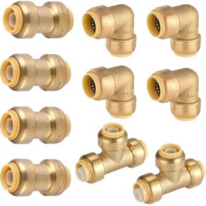 12-Pack Pushfit Fittings Combo, 1/2" Push to Connect Plumbing Fittings-Coupling(5 PCS), Elbow(5 PCS), Tee(2 PCS), Brass Push-fit Fittings with Disconnect Clip