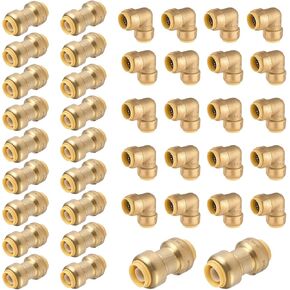 12-Pack Pushfit Fittings Combo, 1/2" Push to Connect Plumbing Fittings-Coupling(5 PCS), Elbow(5 PCS), Tee(2 PCS), Brass Push-fit Fittings with Disconnect Clip