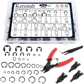 410PCS 34 Sizes E-Clips Assortment Set(1.5mm-10mm) and Alloy Steel External Retaining Rings(M4-M26) Internal Circlip Snap Retaining Clip Ring(M8-M30) with 4 in 1 Snap Ring Pliers and Tweezer