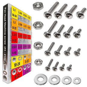 EEEEE 725pcs Phillips Pan Head SAE #4#6#8#10, Machine Screw Assortment Kit Assorted Screws 304 Stainless Steel and Nut Set Flat Washers Nuts Hardware with Snap Lock Case