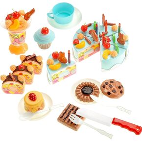 PowerTRC Birthday Cake 75pcs Pretend Play Food Toy Set Blue DIY Stickers