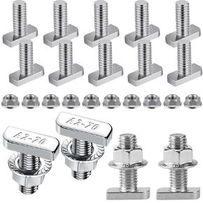 T Bolt Set M8x20mm T Slot Drop-in Bolt Hammer Head Bolts T Shape Stud Sliding Screw with 10 Pcs Hexagon Flange Nuts for Aluminum Extrusion Profile Photovoltaic Solar Mounting, sliver
