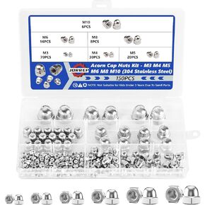Acorn Nuts, 150Pcs Hex Acorn Cap Nuts Assortment Kit, 304 Stainless Steel Cap Nuts, Metric Acorn Cap Nuts Hex Cap Nuts - M3 M4 M5 M6 M8 M10 Caps for Bolt Dome Head Hex Nuts for Indoor Outdoor