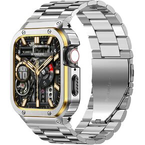 MioHHR Stainless Steel Band and Case Compatible with Apple Watch Band 41mm 40mm 38mm, Men Metal Protective Bumper Cover for iWatch Series SE 9/8/7/6/5/4/3/2/1, Black
