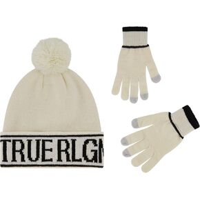True Religion Beanie Hat and Touchscreen Glove Set, Cuffed Winter Knit Cap with Pom and Touch Screen Mittens, Olive, One Size