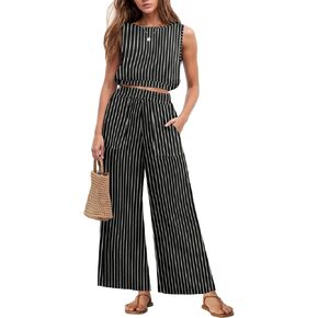 GRECERELLE Two Piece Sets for Women Sleeveless Crop Top Wide Leg Pants Sweat Set for Women Tracksuits 2024 Summer