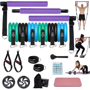 Upgraded Pilates Bar Kit- at Home Workout Equipment with 6 Resistance Bands（30,40,50lb,Exercise Bar with AB Roller for Men, Women , Yoga Stretching Squat,Portable Home Gym for All Fitness Levels