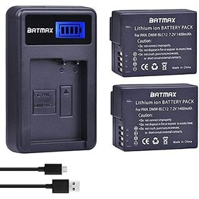 Batmax 2X 1400mAh DMW-BLC12 Replacement Battery and Charger for Panasonic DMW-BLC12E DMW-BLC12PP Battery Lumix DMC-FZ200, DMC-FZ1000, DMC-G5, DMC-G6, DMC-G7, DMC-GX8, DMC-G85, DMC-GH2 Cameras