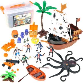 PowerTRC Pirate Action Figures with Pirates, Sea Monsters, Boats, Treasure Chests, Cannons and Figurines Playset for Kids