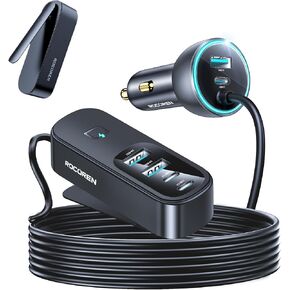 Rocoren 105W USB C Car Charger 6-Port for Family Travel, PD 35W & QC3.0 30W Super Fast Charging for Multiple Devices, Cigarette Lighter USB Charger with 5FT Cable for iPhone 15, iPad Pro, Samsung S23