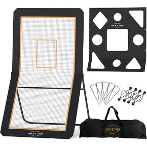 Volleyball Rebounder Net Lacrosse Rebounder - 5 Pitchback Angles - 4x7ft + Bonus Target Lacrosse Net - Neon Target Zone for Rebounder Volleyball Practice Equipment, Pitch Back Baseball Rebounder Net