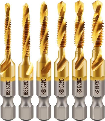 Combination Drill and Tap Bit Set,Titanium Coated Tapping Bit Tool 6pcs SAE Screw tap Drill bit for Drilling Tapping, Countersinking on Electric Drill or Tapping Machine in Kuwait