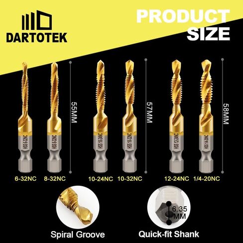 Combination Drill and Tap Bit Set,Titanium Coated Tapping Bit Tool 6pcs SAE Screw tap Drill bit for Drilling Tapping, Countersinking on Electric Drill or Tapping Machine in Kuwait