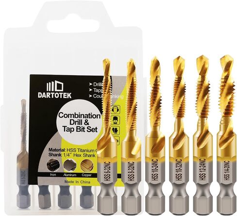 Combination Drill and Tap Bit Set,Titanium Coated Tapping Bit Tool 6pcs SAE Screw tap Drill bit for Drilling Tapping, Countersinking on Electric Drill or Tapping Machine in Kuwait