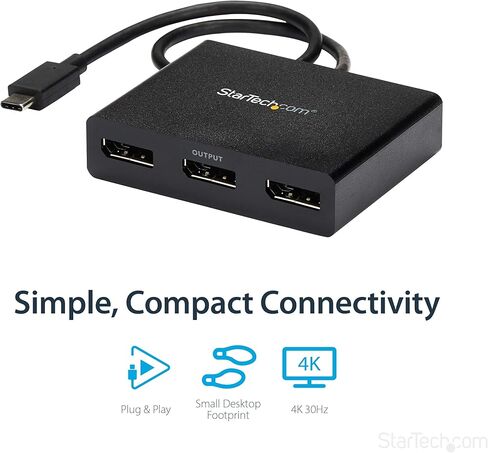محول StarTech.com 3 منافذ USB-C متعدد الشاشات، USB من النوع C إلى 3x DisplayPort 1.4 MST Hub، موسع / مقسم عرض الكمبيوتر المحمول الثلاثي 4K 60 هرتز DP، HDR، كابل مدمج طويل جدًا، Windows (MST14CD123DP) in Kuwait