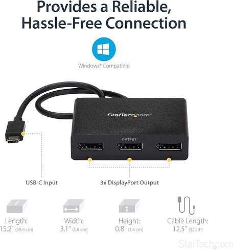 محول StarTech.com 3 منافذ USB-C متعدد الشاشات، USB من النوع C إلى 3x DisplayPort 1.4 MST Hub، موسع / مقسم عرض الكمبيوتر المحمول الثلاثي 4K 60 هرتز DP، HDR، كابل مدمج طويل جدًا، Windows (MST14CD123DP) in Kuwait