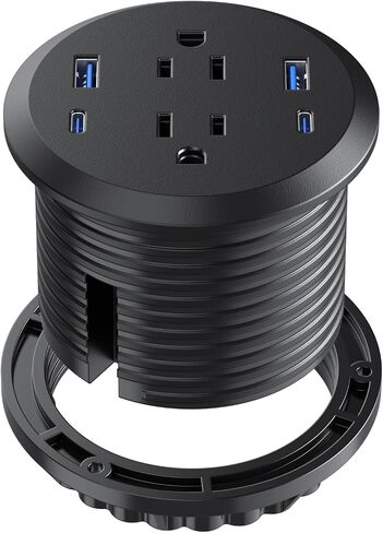 حلقة طاقة لسطح المكتب، منفذ شحن سريع GaN بقدرة 65 وات USB C، 2 منافذ تيار متردد، 4 منافذ USB في الجزء العلوي من مكتبك، حلقة تثبيت طاقة فلوش ماونت، فتحة 3 بوصات، مخرج كونترتوب in Kuwait