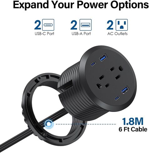 حلقة طاقة لسطح المكتب، منفذ شحن سريع GaN بقدرة 65 وات USB C، 2 منافذ تيار متردد، 4 منافذ USB في الجزء العلوي من مكتبك، حلقة تثبيت طاقة فلوش ماونت، فتحة 3 بوصات، مخرج كونترتوب in Kuwait