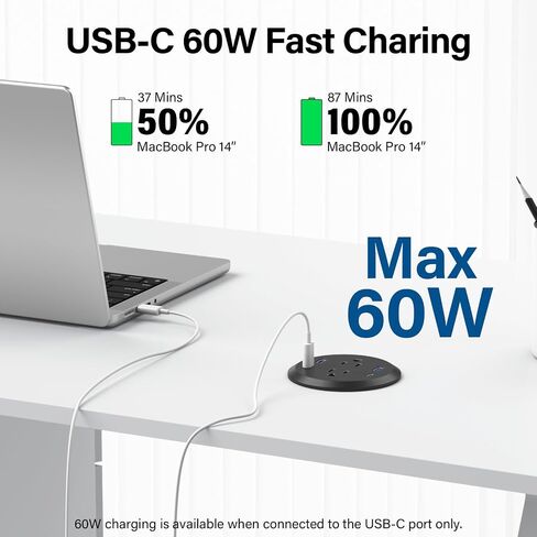 حلقة طاقة لسطح المكتب، منفذ شحن سريع GaN بقدرة 65 وات USB C، 2 منافذ تيار متردد، 4 منافذ USB في الجزء العلوي من مكتبك، حلقة تثبيت طاقة فلوش ماونت، فتحة 3 بوصات، مخرج كونترتوب in Kuwait