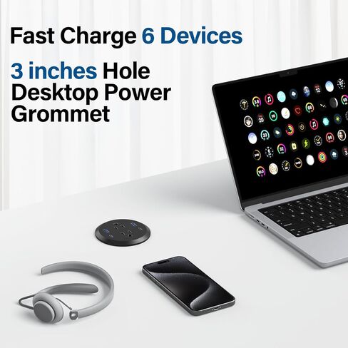 حلقة طاقة لسطح المكتب، منفذ شحن سريع GaN بقدرة 65 وات USB C، 2 منافذ تيار متردد، 4 منافذ USB في الجزء العلوي من مكتبك، حلقة تثبيت طاقة فلوش ماونت، فتحة 3 بوصات، مخرج كونترتوب in Kuwait
