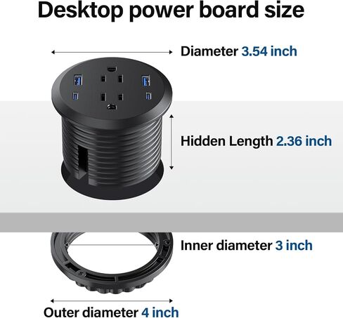 حلقة طاقة لسطح المكتب، منفذ شحن سريع GaN بقدرة 65 وات USB C، 2 منافذ تيار متردد، 4 منافذ USB في الجزء العلوي من مكتبك، حلقة تثبيت طاقة فلوش ماونت، فتحة 3 بوصات، مخرج كونترتوب in Kuwait