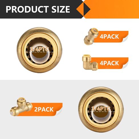 12-Pack Pushfit Fittings Combo, 1/2" Push to Connect Plumbing Fittings-Coupling(5 PCS), Elbow(5 PCS), Tee(2 PCS), Brass Push-fit Fittings with Disconnect Clip in Kuwait
