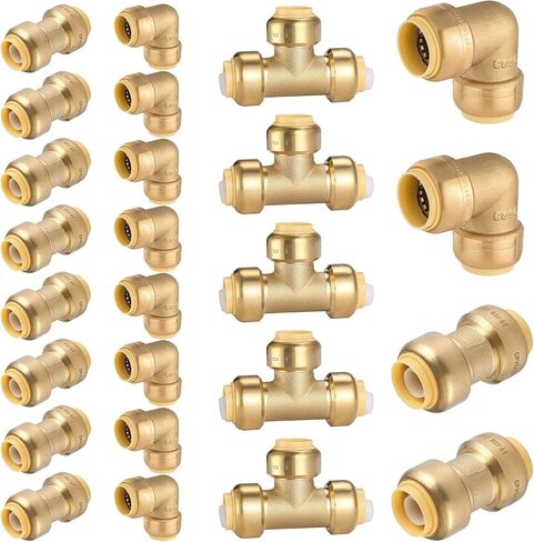 12-Pack Pushfit Fittings Combo, 1/2" Push to Connect Plumbing Fittings-Coupling(5 PCS), Elbow(5 PCS), Tee(2 PCS), Brass Push-fit Fittings with Disconnect Clip in Kuwait