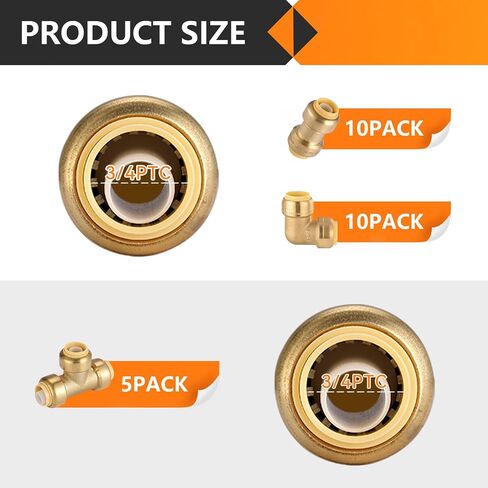 12-Pack Pushfit Fittings Combo, 1/2" Push to Connect Plumbing Fittings-Coupling(5 PCS), Elbow(5 PCS), Tee(2 PCS), Brass Push-fit Fittings with Disconnect Clip in Kuwait