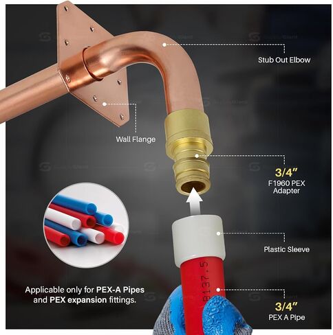 Pex-A Expansion Copper Stub Out Elbow with Flange 3/4" x 4" x 8", F1960 Stub Out Elbow Fitting No Lead Brass, For Use in Pex-A-Tubing Connection in Saudi Arabia
