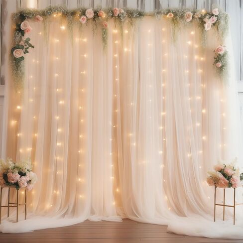 10×10ft Cream White Tulle Backdrop Curtain with Lights String for Parites, Sheer Photo Curtain Backdrop Drapes for Wedding Party Photography Backgrounds in Kuwait
