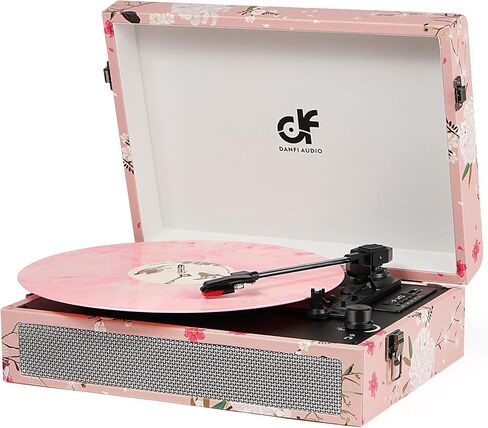 Record Player with Built-in 2 Speakers, Vintage 3-Speed Portable Bluetooth Suitcase Vinyl Player with USB SD Recording, MP3 Converter, RCA/AUX/Headphone Jacks,Turntable Pink Floral in Saudi Arabia