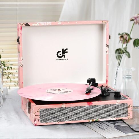 Record Player with Built-in 2 Speakers, Vintage 3-Speed Portable Bluetooth Suitcase Vinyl Player with USB SD Recording, MP3 Converter, RCA/AUX/Headphone Jacks,Turntable Pink Floral in Saudi Arabia