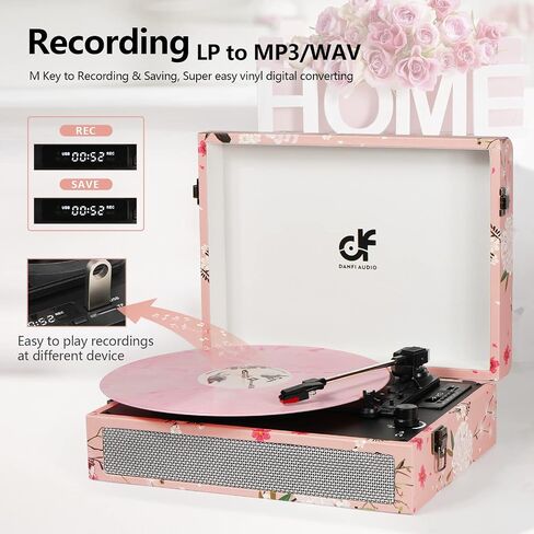 Record Player with Built-in 2 Speakers, Vintage 3-Speed Portable Bluetooth Suitcase Vinyl Player with USB SD Recording, MP3 Converter, RCA/AUX/Headphone Jacks,Turntable Pink Floral in Saudi Arabia