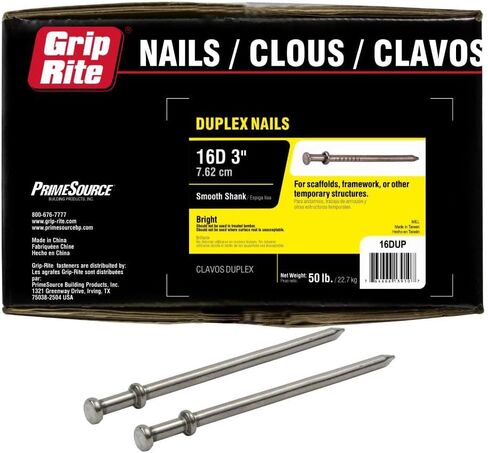 Grip Rite 3-1/2 بوصة 8 قياس (3 بوصة طول أعلى 9/32 بوصة أقل 11/32 بوصة، الحجم، بدون لون 16DUP 16D مسمار مزدوج مع عرقوب برايت، رأس مزدوج، 50 رطلاً in Saudi Arabia