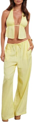 Mxiqqpltky Women Sexy 2 Piece Outfits Stripe Tie Up Halter Neck Sleeveless Backless Cut Out Top and Loose Pants Set Clubwear in Kuwait