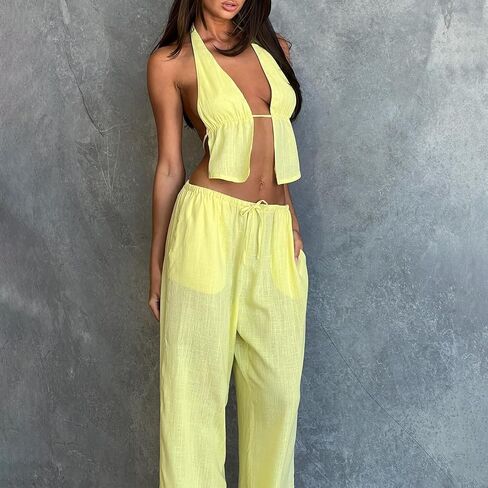 Mxiqqpltky Women Sexy 2 Piece Outfits Stripe Tie Up Halter Neck Sleeveless Backless Cut Out Top and Loose Pants Set Clubwear in Kuwait