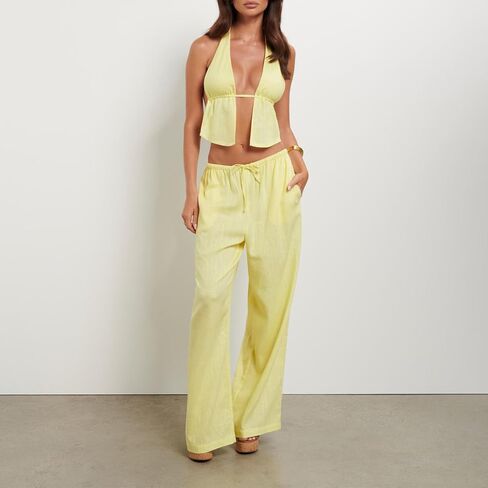 Mxiqqpltky Women Sexy 2 Piece Outfits Stripe Tie Up Halter Neck Sleeveless Backless Cut Out Top and Loose Pants Set Clubwear in Kuwait