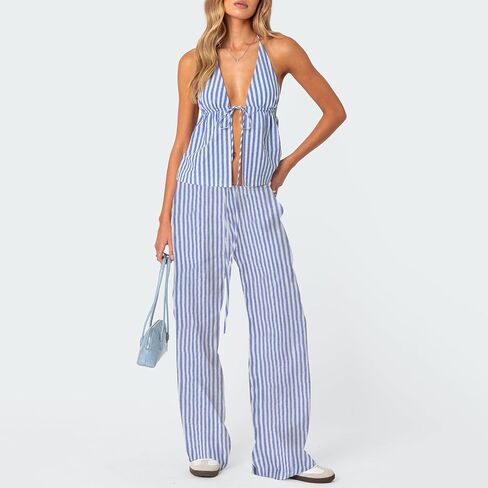 Mxiqqpltky Women Sexy 2 Piece Outfits Stripe Tie Up Halter Neck Sleeveless Backless Cut Out Top and Loose Pants Set Clubwear in Kuwait