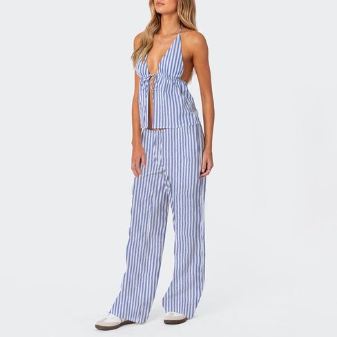 Mxiqqpltky Women Sexy 2 Piece Outfits Stripe Tie Up Halter Neck Sleeveless Backless Cut Out Top and Loose Pants Set Clubwear in Kuwait