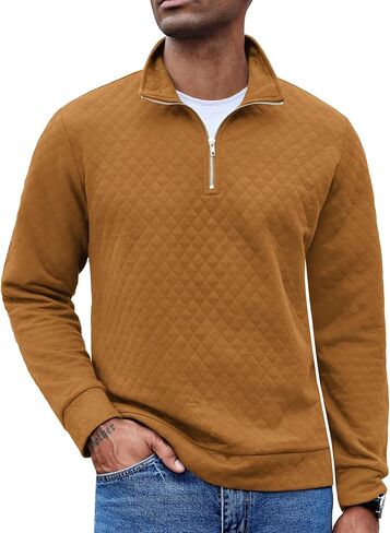 COOFANDY Men's Fashion Quarter Zip Pullover Mock Neck Long Sleeve Sweatshirt Casual Plaid Jacquard Polo Sweaters in Saudi Arabia