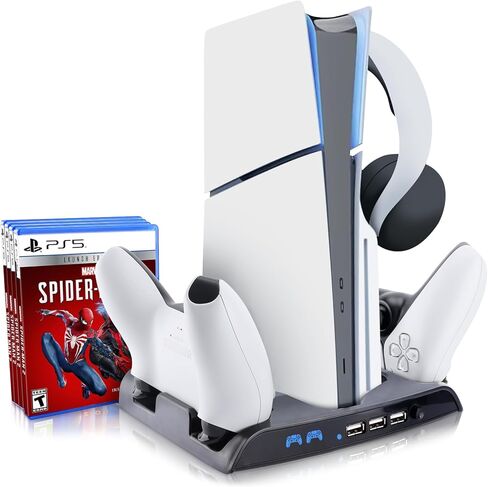 حامل تبريد نحيف SIKEMAY PS5 مع محطة شحن وحدة تحكم متوافقة مع وحدة تحكم Playstation 5 Slim، ملحق PS5 Slim متضمن. مروحة تبريد، حامل سماعات، 3 موزع USB، 8 فتحات ألعاب - أسود in Kuwait