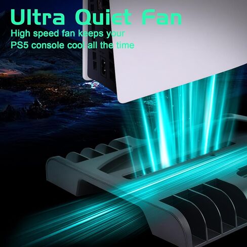 حامل تبريد نحيف SIKEMAY PS5 مع محطة شحن وحدة تحكم متوافقة مع وحدة تحكم Playstation 5 Slim، ملحق PS5 Slim متضمن. مروحة تبريد، حامل سماعات، 3 موزع USB، 8 فتحات ألعاب - أسود in Kuwait