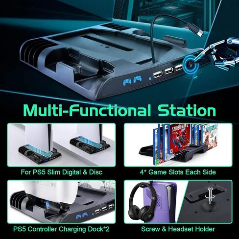 حامل تبريد نحيف SIKEMAY PS5 مع محطة شحن وحدة تحكم متوافقة مع وحدة تحكم Playstation 5 Slim، ملحق PS5 Slim متضمن. مروحة تبريد، حامل سماعات، 3 موزع USB، 8 فتحات ألعاب - أسود in Kuwait