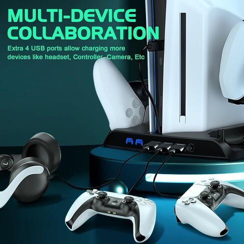 حامل تبريد نحيف SIKEMAY PS5 مع محطة شحن وحدة تحكم متوافقة مع وحدة تحكم Playstation 5 Slim، ملحق PS5 Slim متضمن. مروحة تبريد، حامل سماعات، 3 موزع USB، 8 فتحات ألعاب - أسود in Kuwait