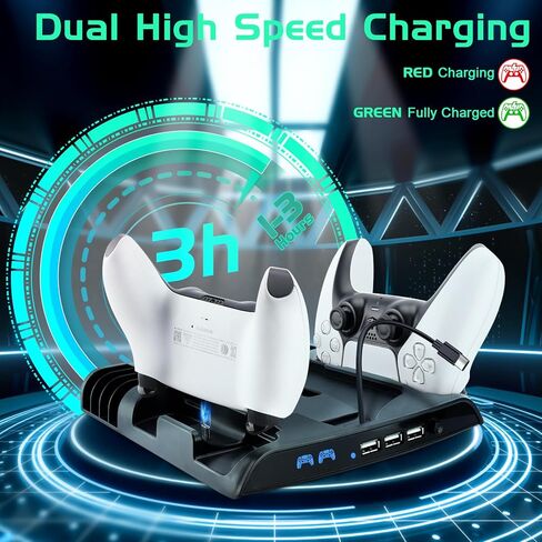 حامل تبريد نحيف SIKEMAY PS5 مع محطة شحن وحدة تحكم متوافقة مع وحدة تحكم Playstation 5 Slim، ملحق PS5 Slim متضمن. مروحة تبريد، حامل سماعات، 3 موزع USB، 8 فتحات ألعاب - أسود in Kuwait